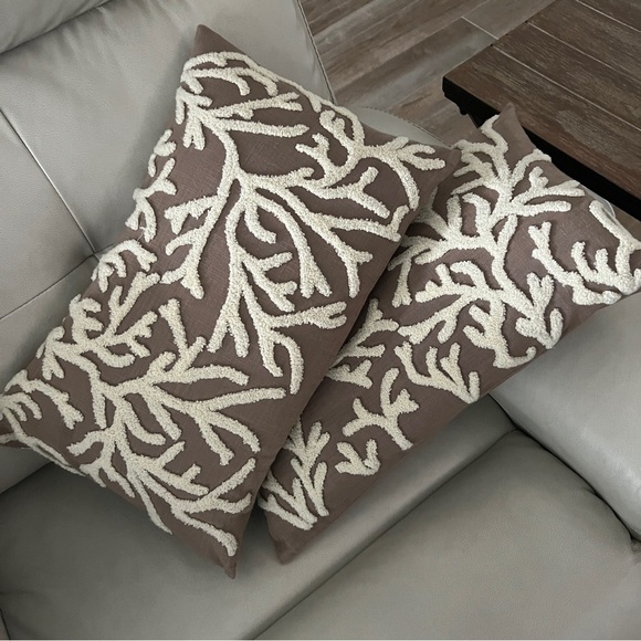 Throw Pillows Taupe & Cream. One PAIR. Coral Motif. 100% Duck Feather Inserts. - Picture 1 of 11
